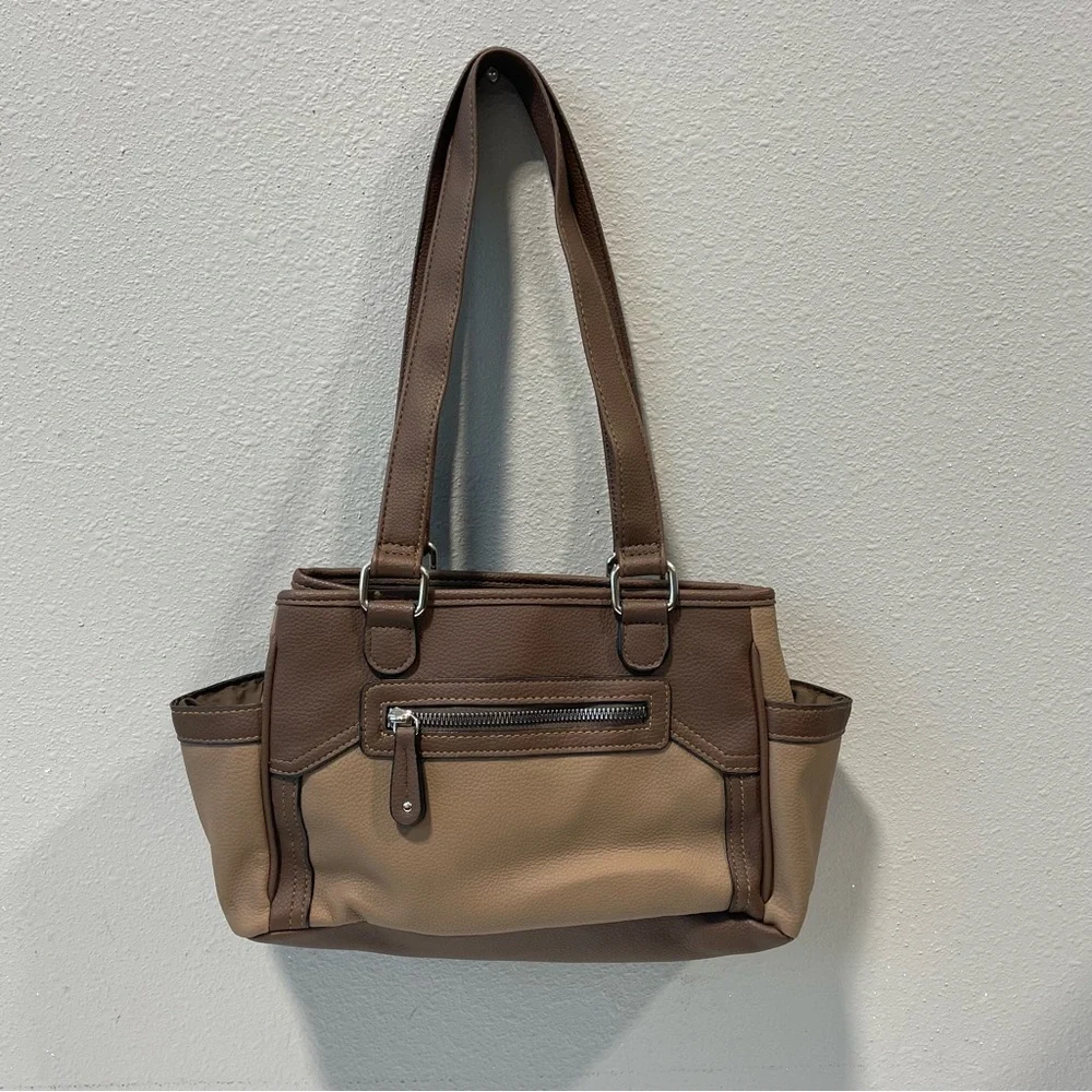 Faux Leather Double‎ Opening Center Zip Purse Hobo Bag Brown And Tan